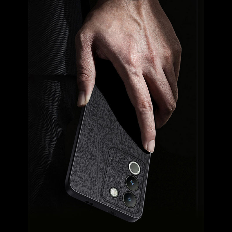 For vivo Y200 (India) 5G Cell Phone Case Wood Grain PU+PC+TPU Drop Resistant Cover - Black For vivo Y200 (India) 5G Cell Phone Case Wood Grain PU+PC+TPU Drop Resistant Cover - Black